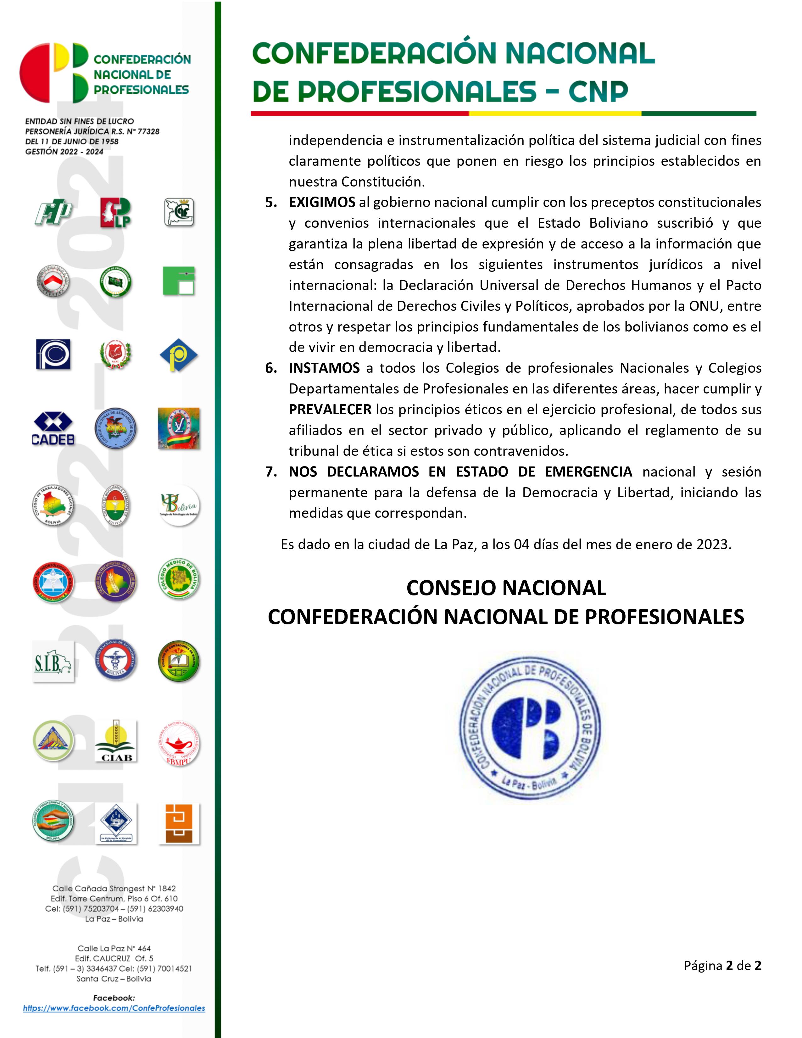 Pronunciamiento CNP N 001 2023 Coyuntura Política y Social de Bolivia 04 01 2023 1 2
